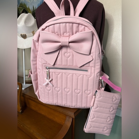 Betsey Johnson Pink Kitsch Large Backpack with Heart Accents Matching Pouch NEW